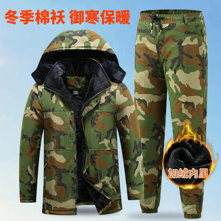 Camouflage Cotton-Padded Jacket for Men in Winter, Thickeneded Cold-Proof Labor Protection Cotton Outwear, Work Clothes, Winter Clothing, Mid-Length Cold Storage Cotton-Padded Jacket and Cotton Pants
