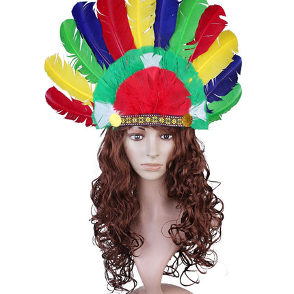 1Halloween Savage Cos Feather Headdress Indian Feather Headdress Red White Black Feather Indian Chief Cap
