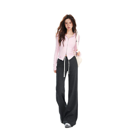American Fashion Versatile Trendy Casual Pants for Women Early Autumn New Drawstring Mid-Waist Soft Drape Loose Flared Pants
