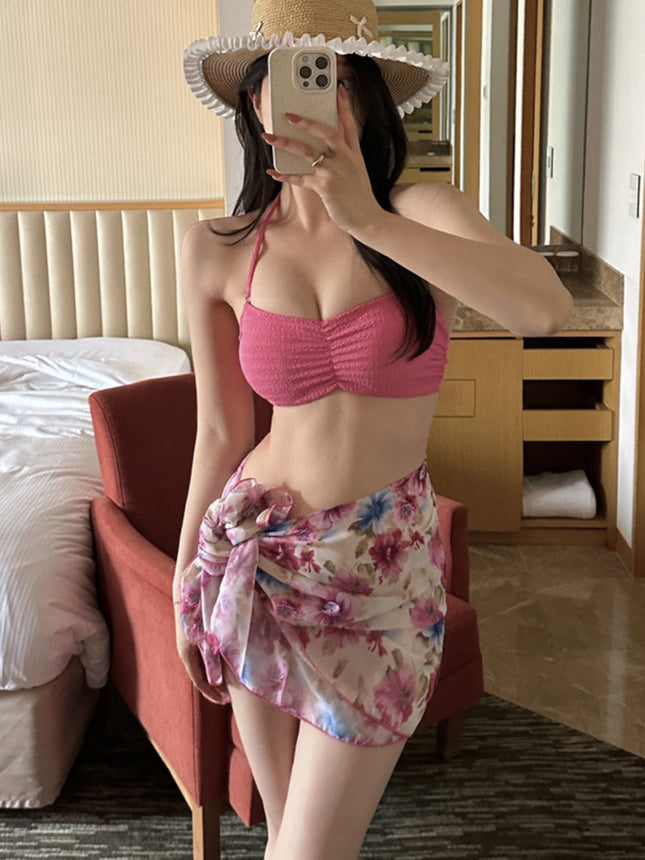 Pure Desire Rose Red Whitening Girl Bikini Wrap Skirt Separates Covering Flesh Slimming Sexy Breast Pad Vacation Swimsuit Women Summer