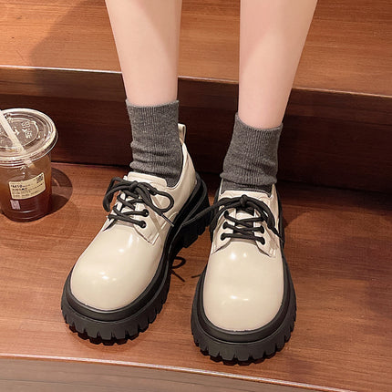 Retro British Style Thick-Soled Small Leather Shoes for Women 2025 Spring & Fall New Round-Toe Matchinging Skirt Heightening Lace-Up Shoes