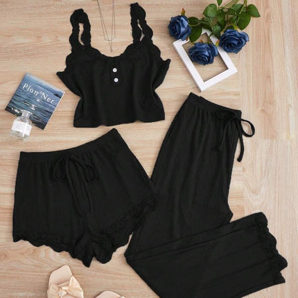 Lace Trim Three-Piece Set: Camisole, Shorts, Long Pants, Women's Slim-Fit Loungewear, Brushed Sleepwear