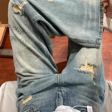 American Style Ripped Jeans for Women, Summer New Large Size, High-Waisted, Pear-Shaped Figure, Slimming, Loose Wide-Leg Pants