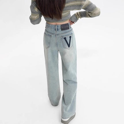 High Waist Retro Wide Leg Jeans Women's Trendy All-match New Printed Loose Slim-fit Straight Pants