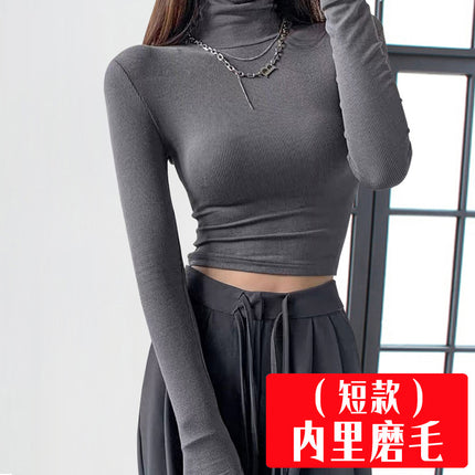 Autumn and Winter Sanding Short High Neck Long Sleeve T-shirt Women's Design High Waist Navel Backing Shirt Tight Black Top