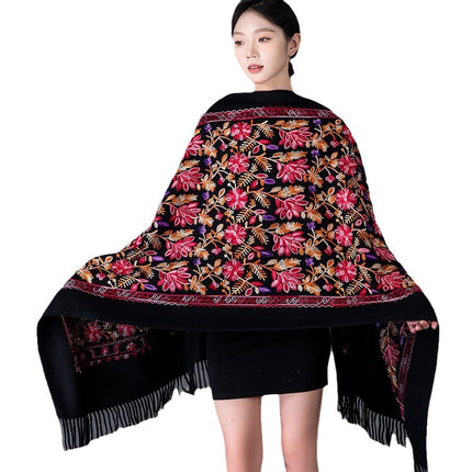 Autumn and Winter New Women's Embroidered Imitation Cashmere Scarf Ethnic Style Versatile Middle-Aged Mother Embroidered Thickeneded Warm Large Shawl