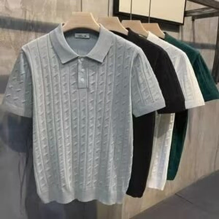 2025 Summer Cable Textured Lapel Short Sleeve Polo Shirt Men's Casual Easiest for Match Temperament Short Sleeve Sweater Trendy