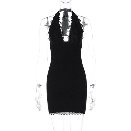 Amazon Short Dress Halter Neck Lace Trim Backless Low-Cut Pure Desire Sexy Waist-Cinching Bodycon Dress High-Waisted Hot Girl