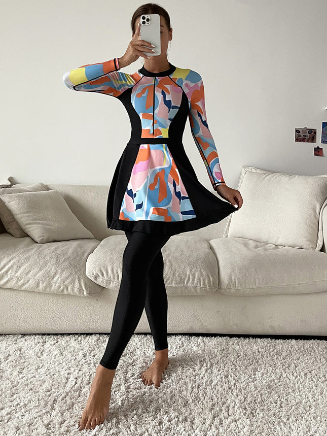 New Style Printed Long-Sleeved Conservative Full-Coverage Swimsuit Three-Piece Set Tight-Fitting Sun-Protective Hot Spring Swimwear