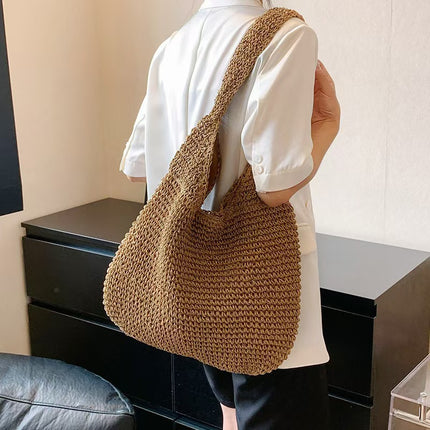 New All-match Straw Woven Bag Women's Large Capacity Beach Bag Single Handlebar Bag Commuter Women's Shoulder Bag Handmade Woven Bag