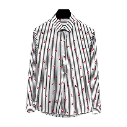 Men's Light Luxury Personalized Floral Shirt, Long-Sleeved Spring and Autumn New Style, Full-Body Red Lip Print, Slim-Fit Lapel Shirt