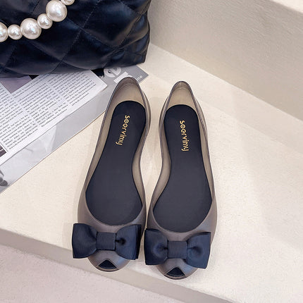 Flat shoes soft bottom women's summer rubber plastic shoes shallow mouth Black breathable non-slip bow fish mouth jelly shoes foreign trade