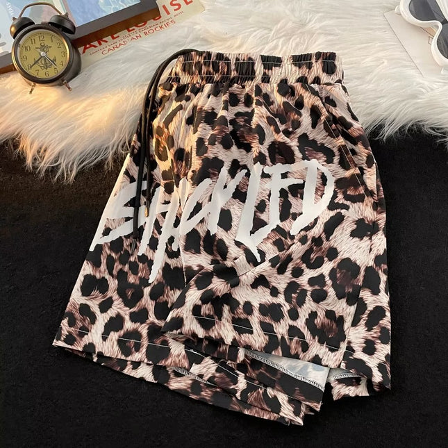 Summer Leopard Print No-Iron Ice Silk Beach Shorts for Boys, Trendy Brand, Handsome and Youthful, Loose and Versatile Shorts