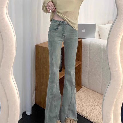 Spring and Autumn New Design Sense Micro-Lar Jeans Women's 2025 American Style High Waist Slim-Fit Slimming Fur-Edge Horseshoe Flared Pants