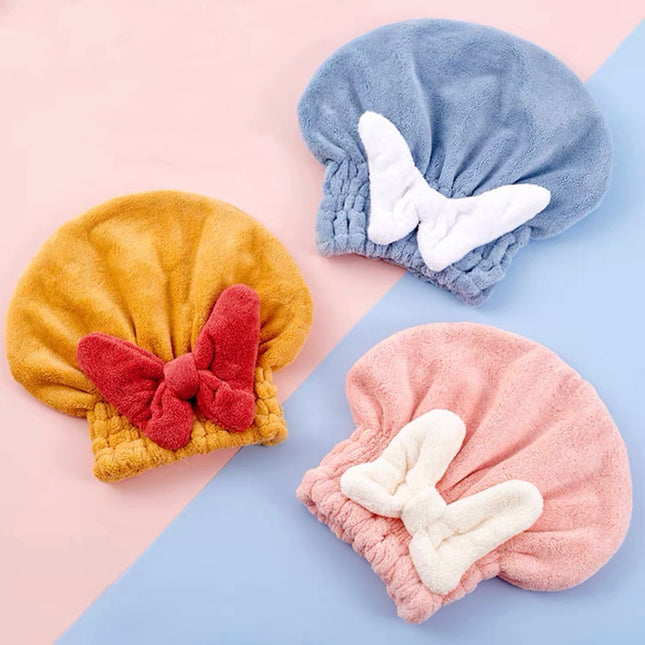 Japanese-Style Bow Coral Fleece Quick-Dry Strong Absorbent Hair Drying Cap Cute Hair Drying Shampoo Shower Cap Turban