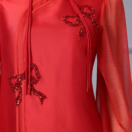 Zhili New Chinese Style Red Festive A-Line Dress 2026 Spring New Model Tummy-Concealing Long Sleeve Dress for Important Occasions