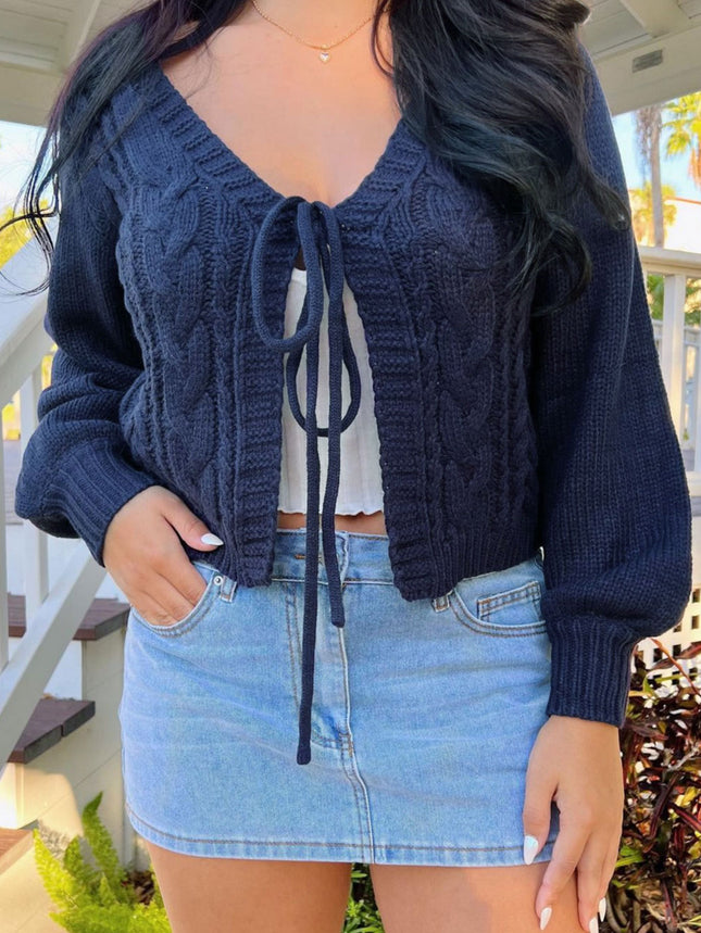 European and American Style Pure Color V Neck Twist Knitted Cardigan Short Lace-Up Lantern Sleeve Sweet and Cool Retro Cross-Border Women's Sweater