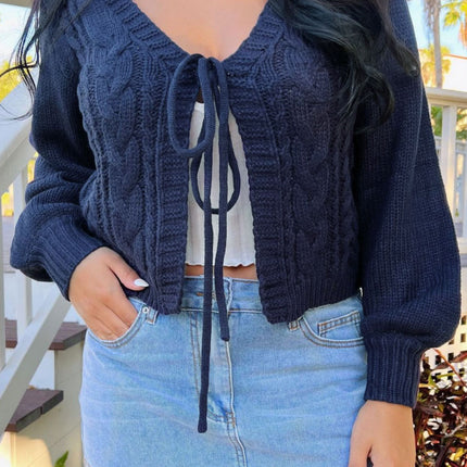 European and American Style Pure Color V Neck Twist Knitted Cardigan Short Lace-Up Lantern Sleeve Sweet and Cool Retro Cross-Border Women's Sweater