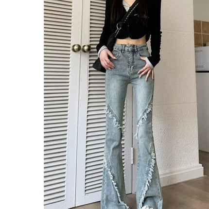 Black Grey Weakly Lamb Jeans Women's Trendy All-match New High Waist Slim-fit Rust Design Sense Horseshoe Trumpet Long Pants