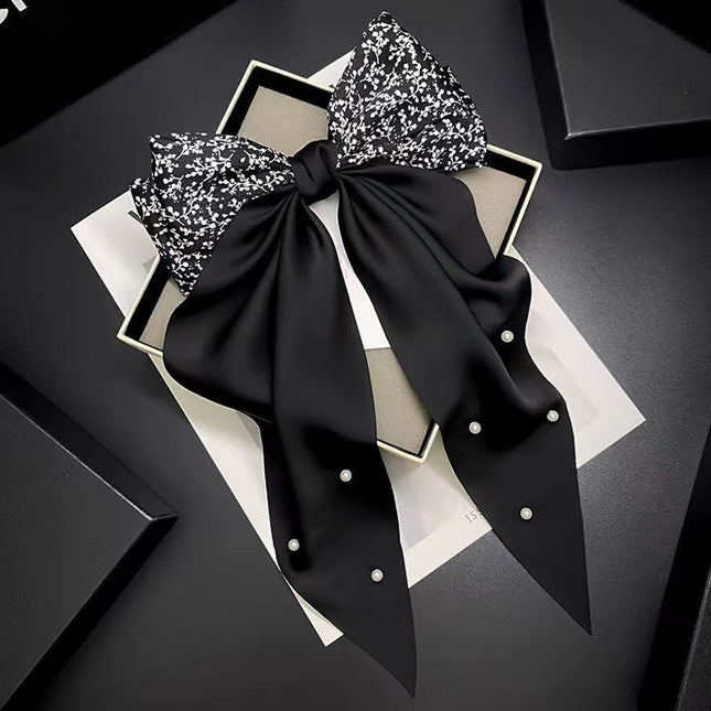 Retro Chanel style floral pearl big bow hairpin back head temperament long ribbon spring ponytail clip female