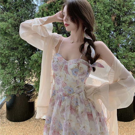 Plus size women's clothing fresh super fairy floral strap dress spring and summer waist-tight short skirt sun protection clothing two-piece suit
