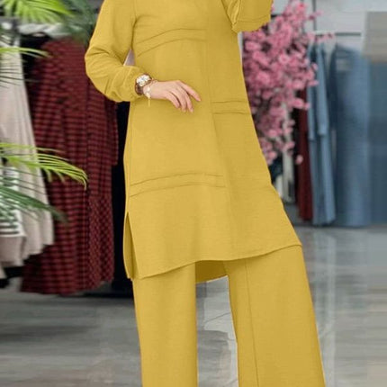 2024 Women's Two-Piece Sportswear Set: Elegant Solid Color Long-Sleeve Shirt and Wide-Leg Pants Set