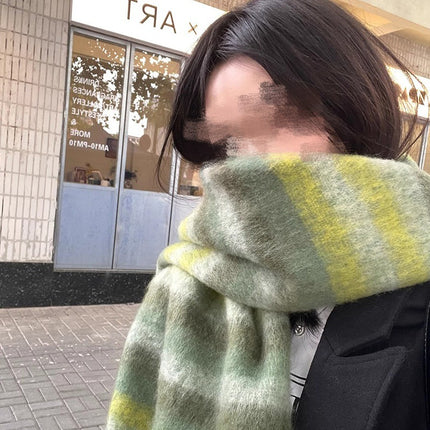 Retro Green Stripesd Scarf for Women Winter 2025 New Korean Style Circle Yarn Scarf Thickeneded Warm Student Shawl