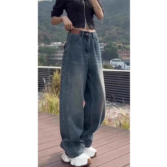 Blue Retro Straight-Leg Jeans for Women, Spring New Style, Petite, Floor-Length, Plus-Size, Loose, Scimitar Wide-Leg Pants