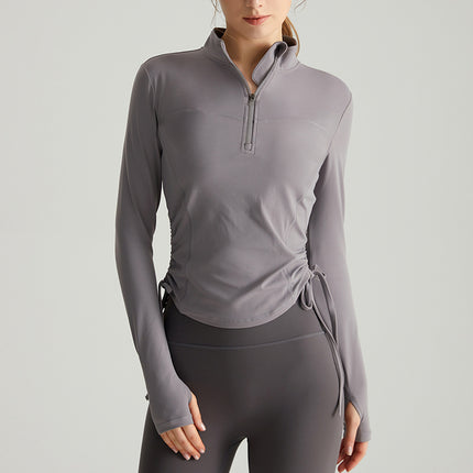 Chuanton Long-Sleeved Fitness Clothing Tops for Women Half-Zip Stand-Up Collar Drawstring Pleated Slim Outer Wear Sports Yoga Clothing