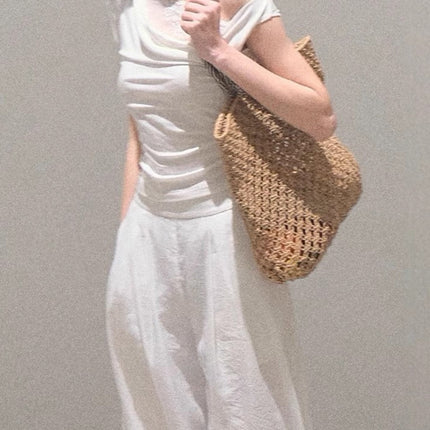 Oakmo/ "Season of Love" Pure Desire Slanted Shoulder Design Swing Collar Tencel Knitted Top T-Shirt