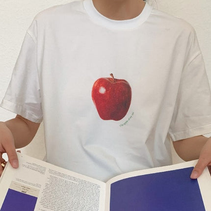 Same-Day Delivery, a Apple Printed Short-Sleeved Cotton Collar, French Niche Pure Cotton