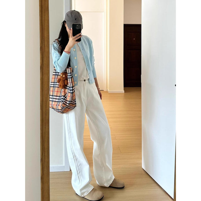 2025 New White High-Waisted Wide-Leg Jeans for Women Summer Casual Loose Slimming Straight Drape Floor-Length Pants