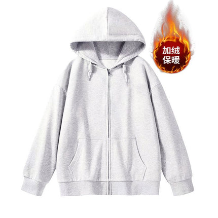 Light Version of Lazy Style New Loose Cardigan Zipper Hooded Sweatshirt Women's Top Jacket Fleece-Lined Thickeneded Blank Version Trendy