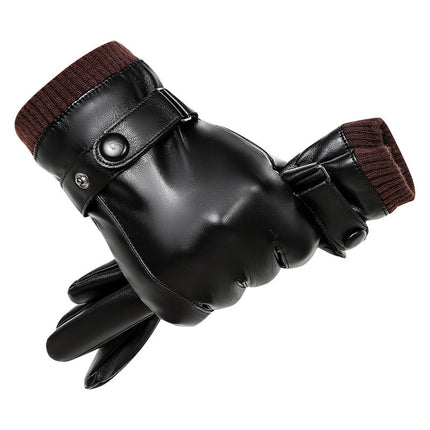 Leather Gloves Men's Winter Velvet Thickeneded Cycling Windproof Waterproof Warm Touch Screen Motorcycle Cotton Winter Cycling Gloves
