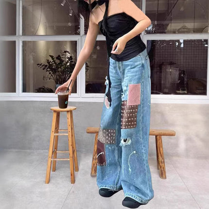 American High Street Design Splatter Print Jeans for Women, New Summer Style, Slimming Ripped Patchwork Floor-Length Pants