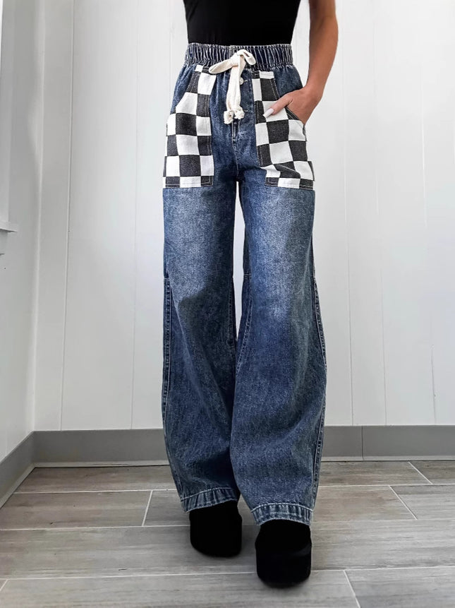 2026 European and American Cross-Border Spring New Products, Fashionable Casual Loose Plaid Contrasting Color Women's Denim Pants 8959