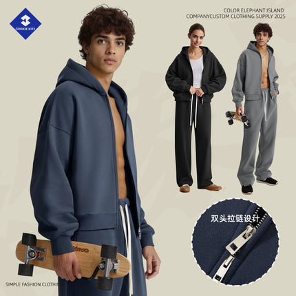Cai Xiang Island Men's Clothing | European and American Style Heavyweight Boxy Short Wide Fleece Hooded Sweatshirt Set Men's Zip-Up Hoodie Set