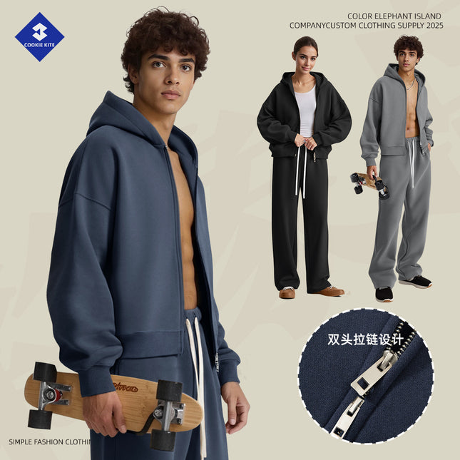 Cai Xiang Island Men's Clothing | European and American Style Heavyweight Boxy Short Wide Fleece Hooded Sweatshirt Set Men's Zip-Up Hoodie Set