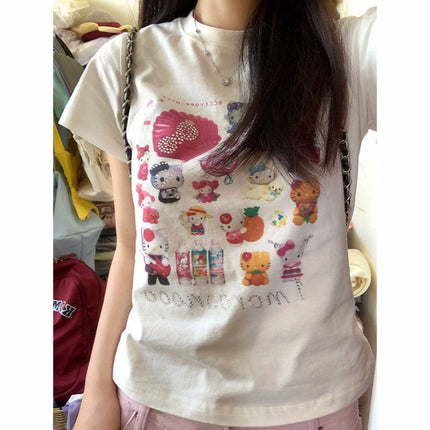 Pure Cotton White Right Shoulder Cat Short-Sleeved T-Shirt for Women Summer Design Niche American Short Sexy Slim Top