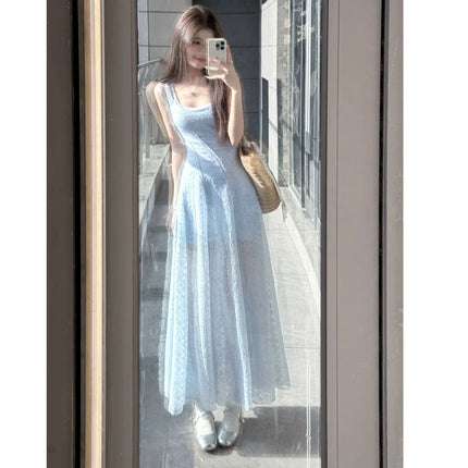 French Blue Square Neck Suspender Dress for Women Summer Seaside Vacation Elegant High-End Waist Slimming Fluffy Long Skirt