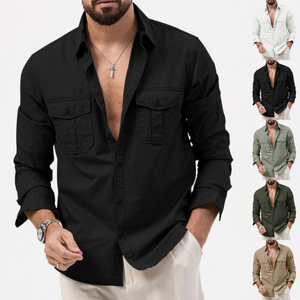 2025 New Men's Shirts Cross-Border Export Aliexpress Independent Station European and American Multi-Flap Pocket Pants Casual Long-Sleeved Tops for Men