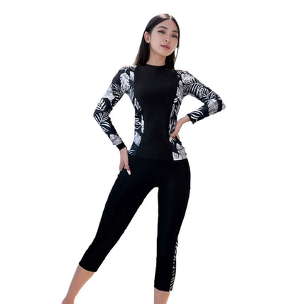 Swimsuit Women's Conservative Split Cropped Pants Large Size Swimming Hot Spring Quick-drying Long-sleeved Swimsuit Women's Sun Protection and Belly Covering Swimsuit
