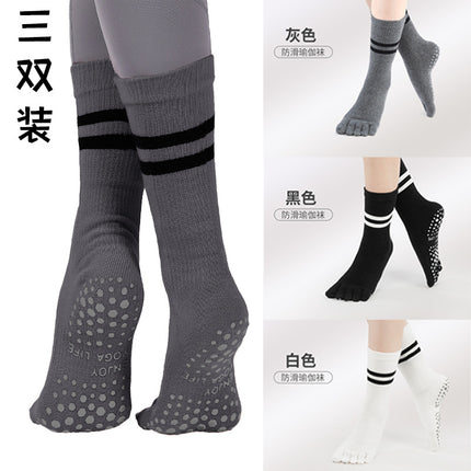 New Five-Finger Non-Slip Yoga Socks Pilates Sports Toe Socks Breathable Striped Middle Barrel Indoor Fitness Compression Socks