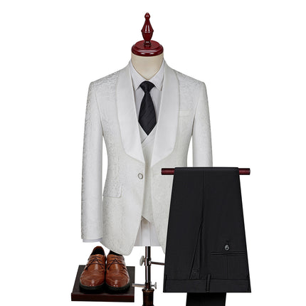 Foreign Trade Men's Jacquard Green Fruit Collar Suit Three-Piece Men's Korean Style Slim Fit Groomsmen Wedding Dress Suit