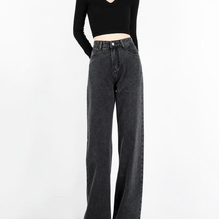 Smoke Gray Wide-Leg Jeans for Women 2024 Autum New Popular High-Waist Draped Straight-Leg Loose Floor-Length Pants