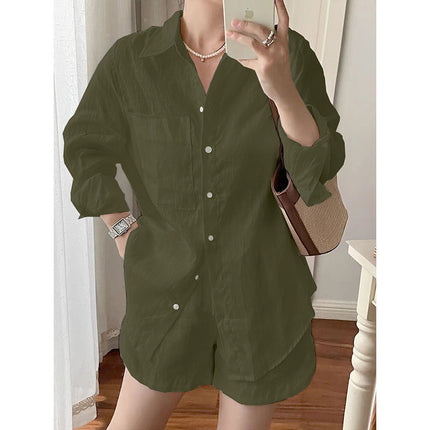 Single Piece/Complete Set Amazon Cross-Border New Set Cotton and Linen Shirt Shorts Casual Two-Piece Set Wholesale