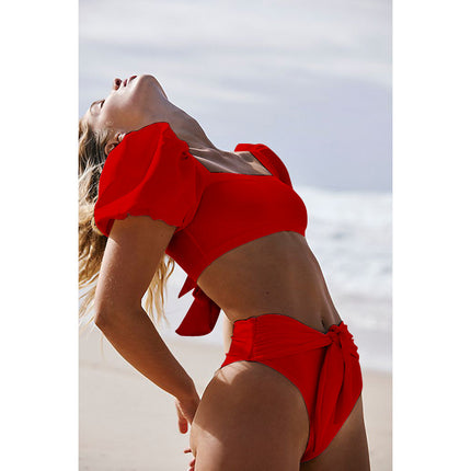 Amazon Swimsuit Women 2021 New Bikini Short Sleeve Swimsuit Women 4 Color Puff Sleeve European and American Swimsuit Bikini