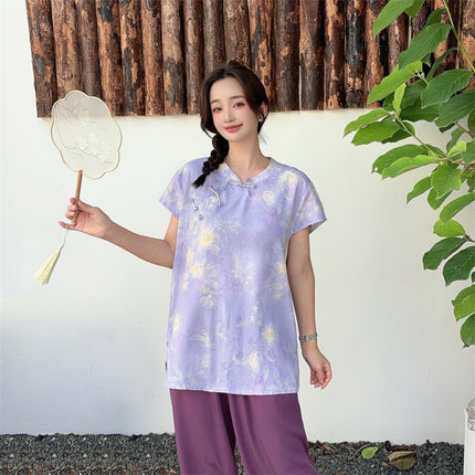 Chinese-Style Button Cotton Silk T-Shirt for Women, Summer Thin Large-Size Rayon V-Neck Pullover Printed Top, National Trend