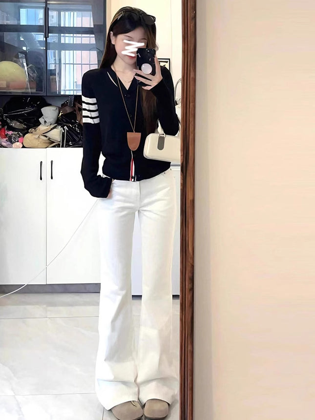 Plus-Size White Flared Jeans for Women, Spring, Autumn, Summer, High-Waisted, Slimming, Floor-Length, Bootcut Pants for Curvy Figures
