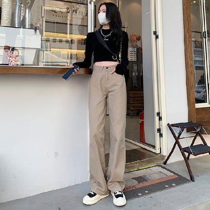 Khaki fleece-lined thick straight jeans women's pants autumn and winter one-piece velvet wide-leg pants lambswool mop pants